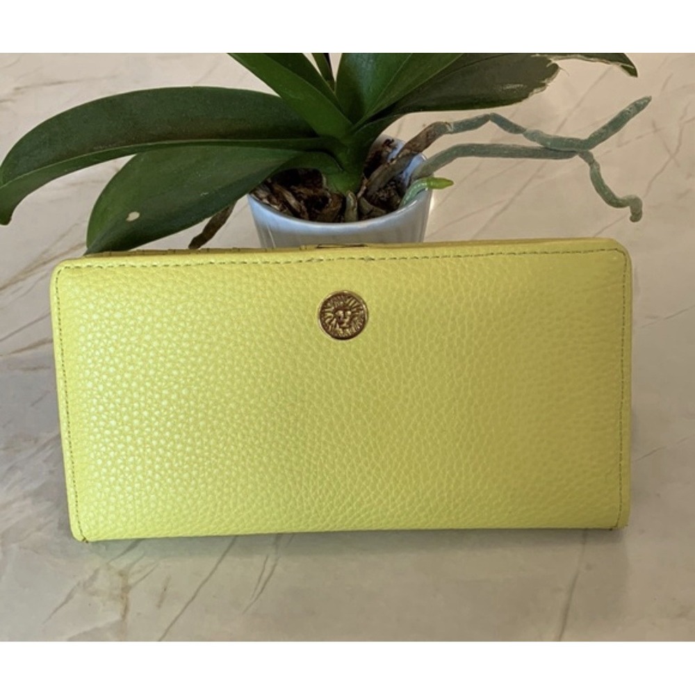 Anne Klein Mustard Yellow Pebbled Leather Continental Wallet with Gold Medallion